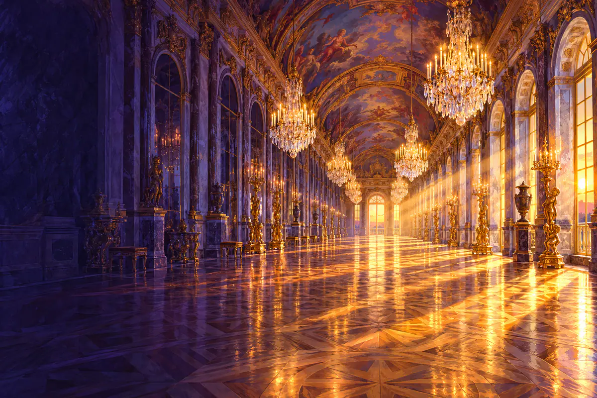 Galerie des Glaces de Versailles déserte, lustres de cristal et dorures dans la lumière du soleil couchant