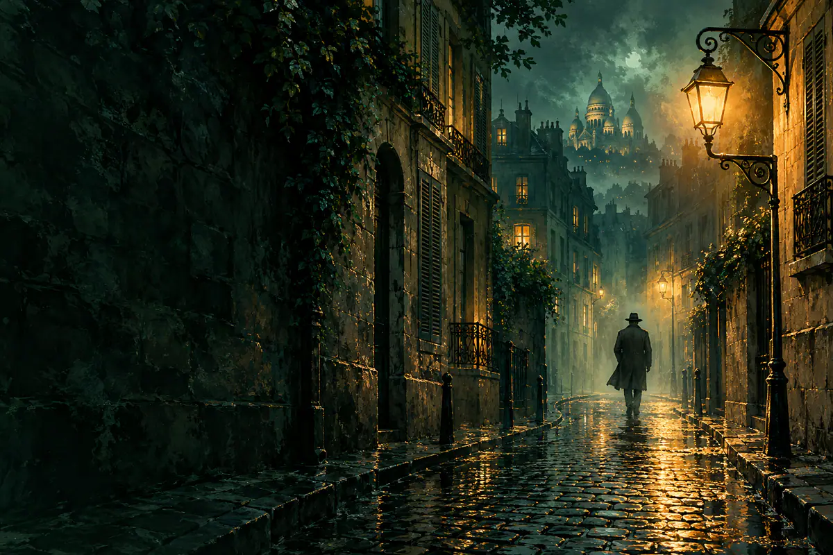 Ruelle pavée de Paris dans les années 1930, réverbère dans la brume et silhouette en imperméable vue de dos