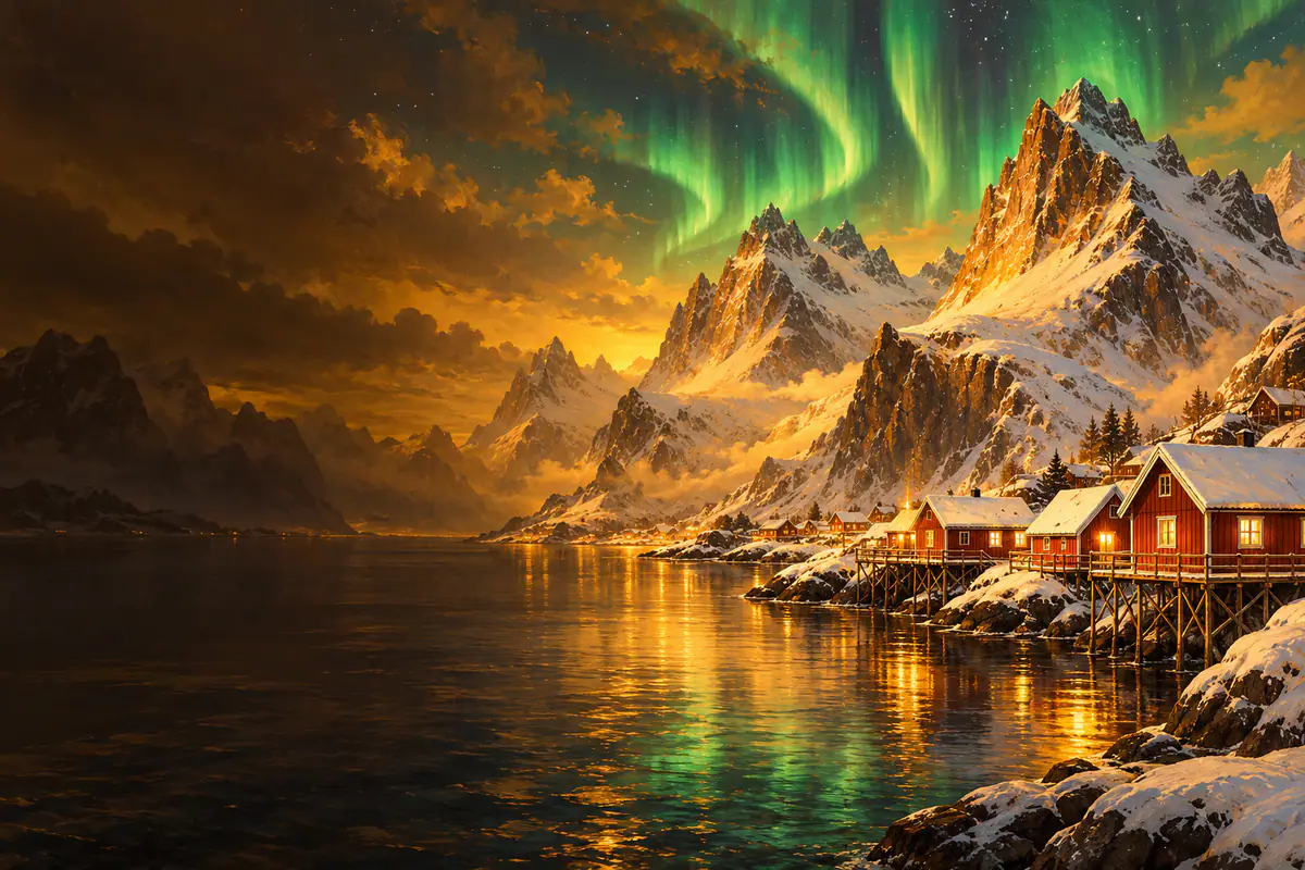 Cabanes de pêcheurs rouges d’un fjord des îles Lofoten en hiver, montagnes enneigées et aurore boréale