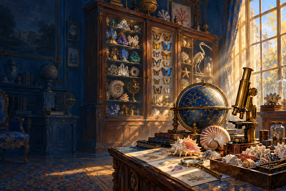 Cabinet de curiosités du XVIIIe siècle : coquillages, minéraux, papillons, globe céleste et microscope en laiton