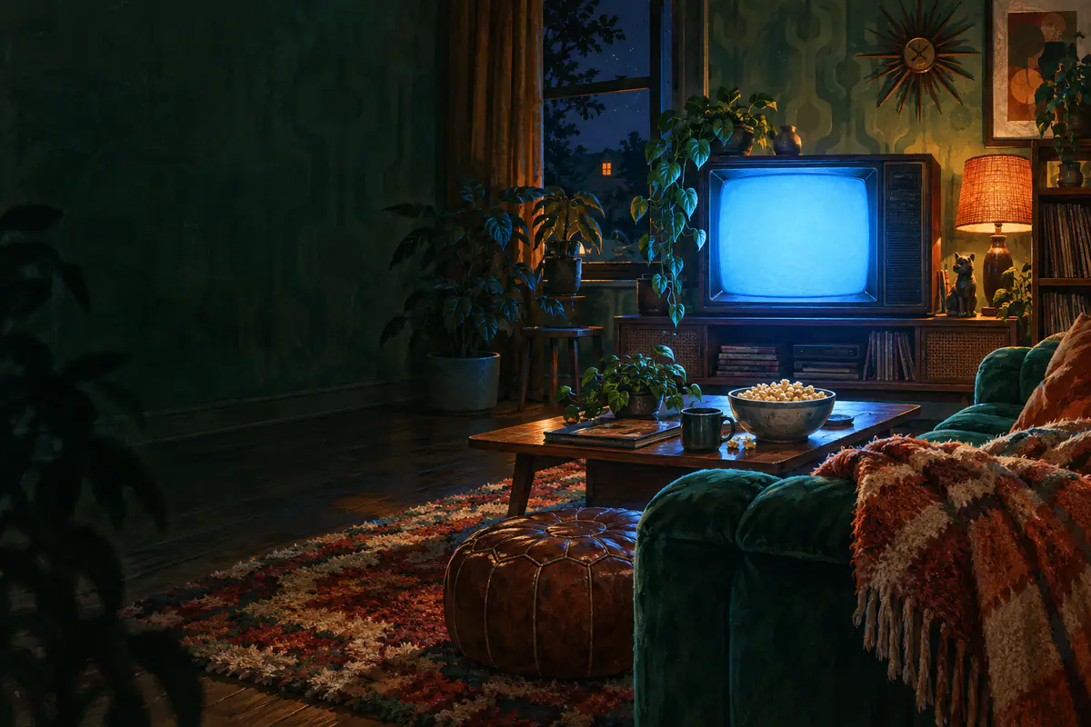 Téléviseur cathodique allumé dans un salon des années 80 la nuit, canapé en velours et bol de pop-corn