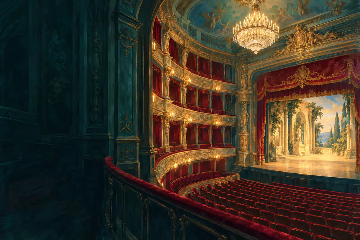Salle Richelieu de la Comédie-Française, loges rouges et or en fer à cheval, lustre et scène éclairée