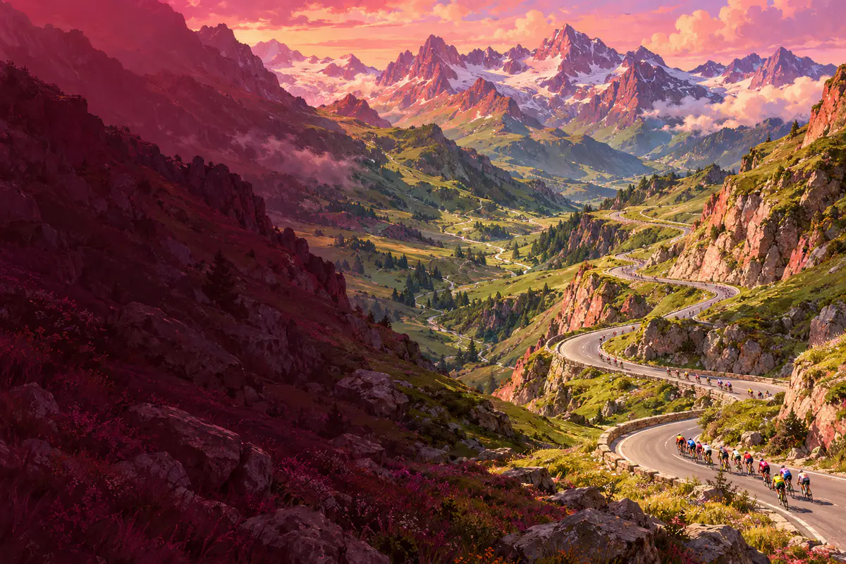 Peloton de cyclistes aux maillots colorés gravissant les lacets du col du Tourmalet dans les Pyrénées