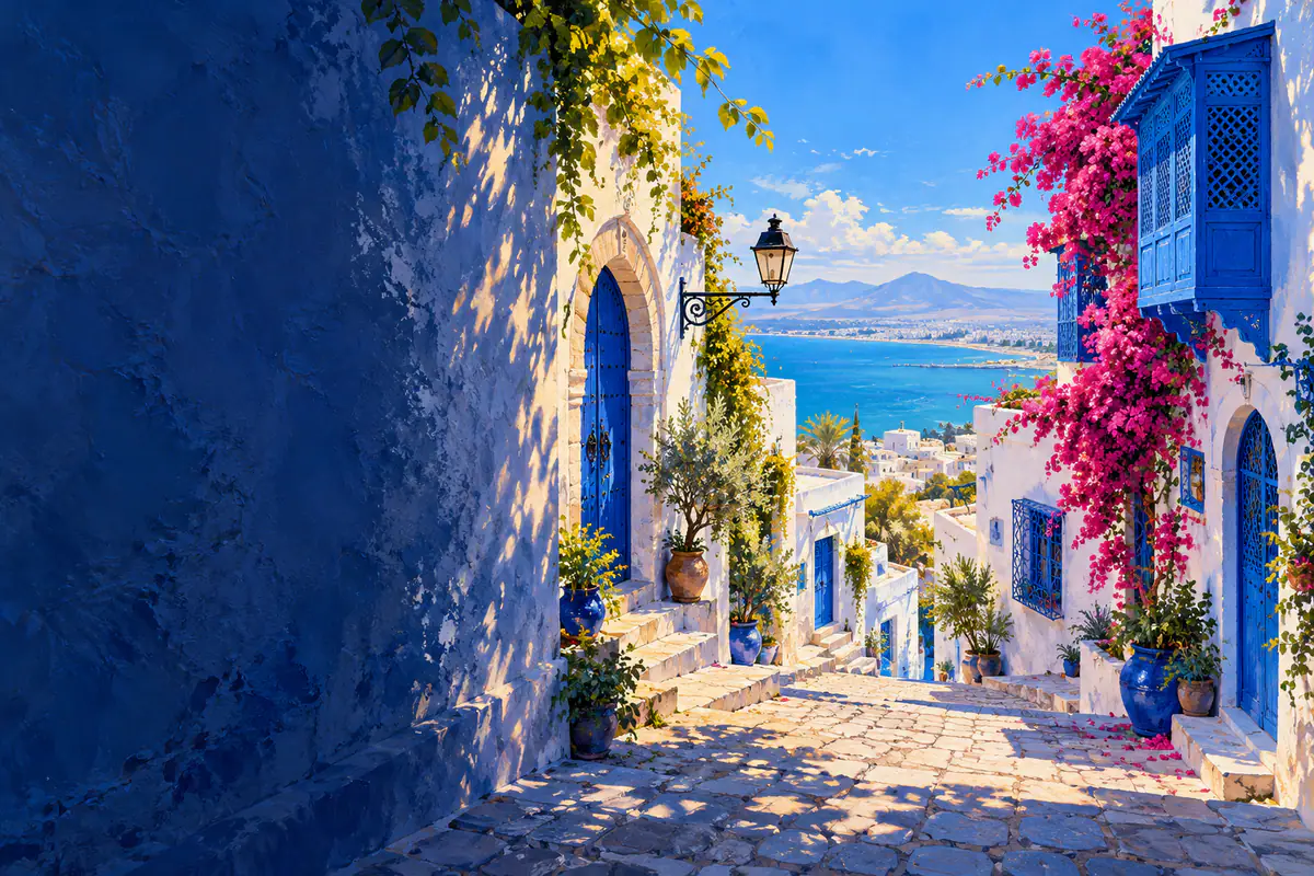 Ruelle de Sidi Bou Saïd aux murs blancs, portes bleues et bougainvillée fuchsia, golfe de Tunis au fond