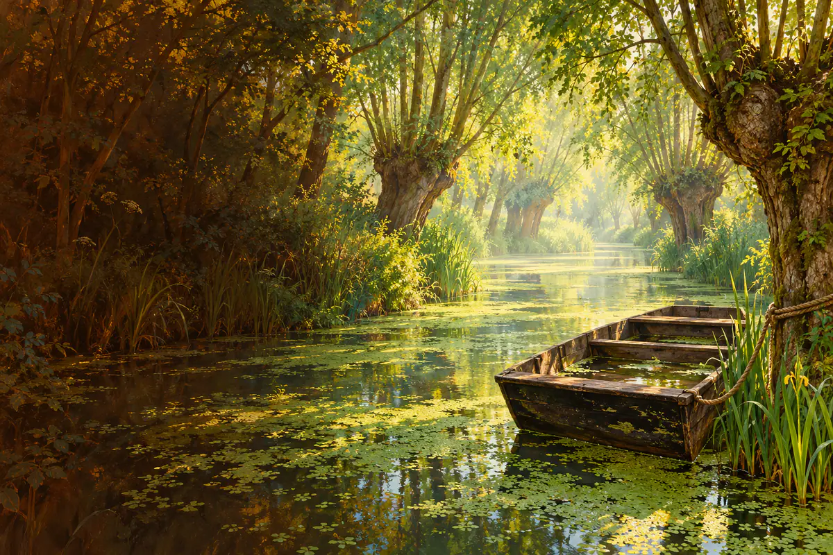 Barque plate amarrée sur un canal du Marais poitevin couvert de lentilles d’eau, sous une voûte de frênes
