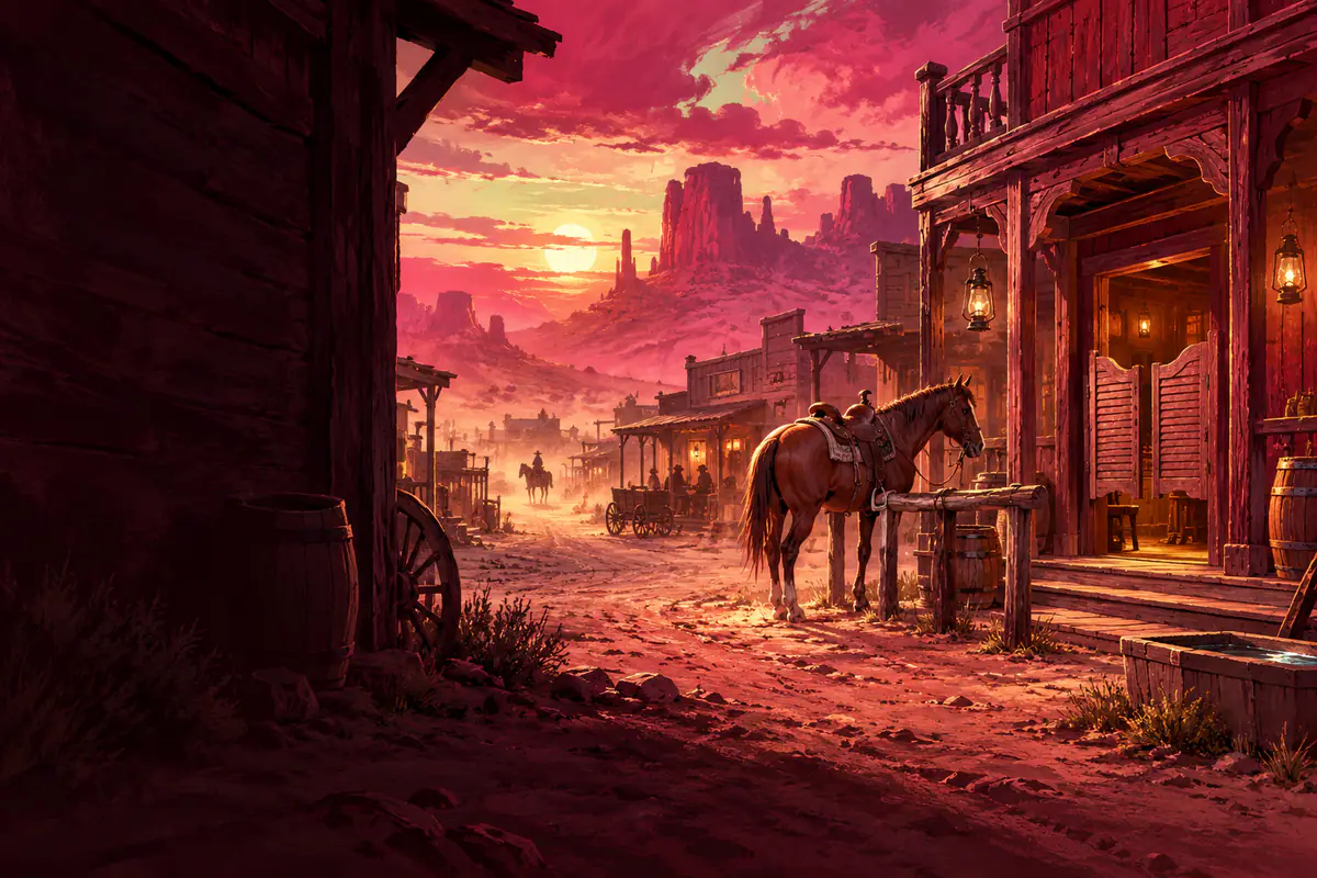 Rue poussiéreuse d’une ville du Far West au soleil couchant, saloon en bois, cheval sellé et mesas au fond